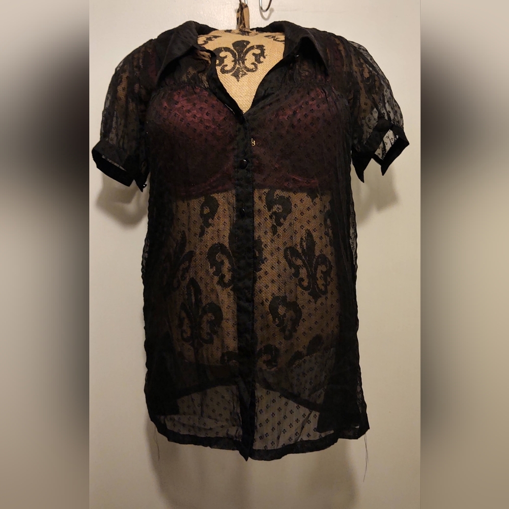 Sheer Black Women Button up Top